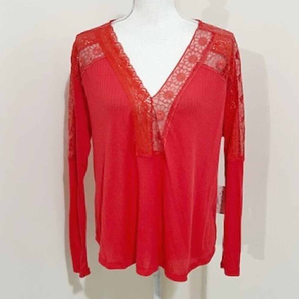 Free People Lola Lace-Trim V-Neck Top in Rose Crimson Long Sleeve
